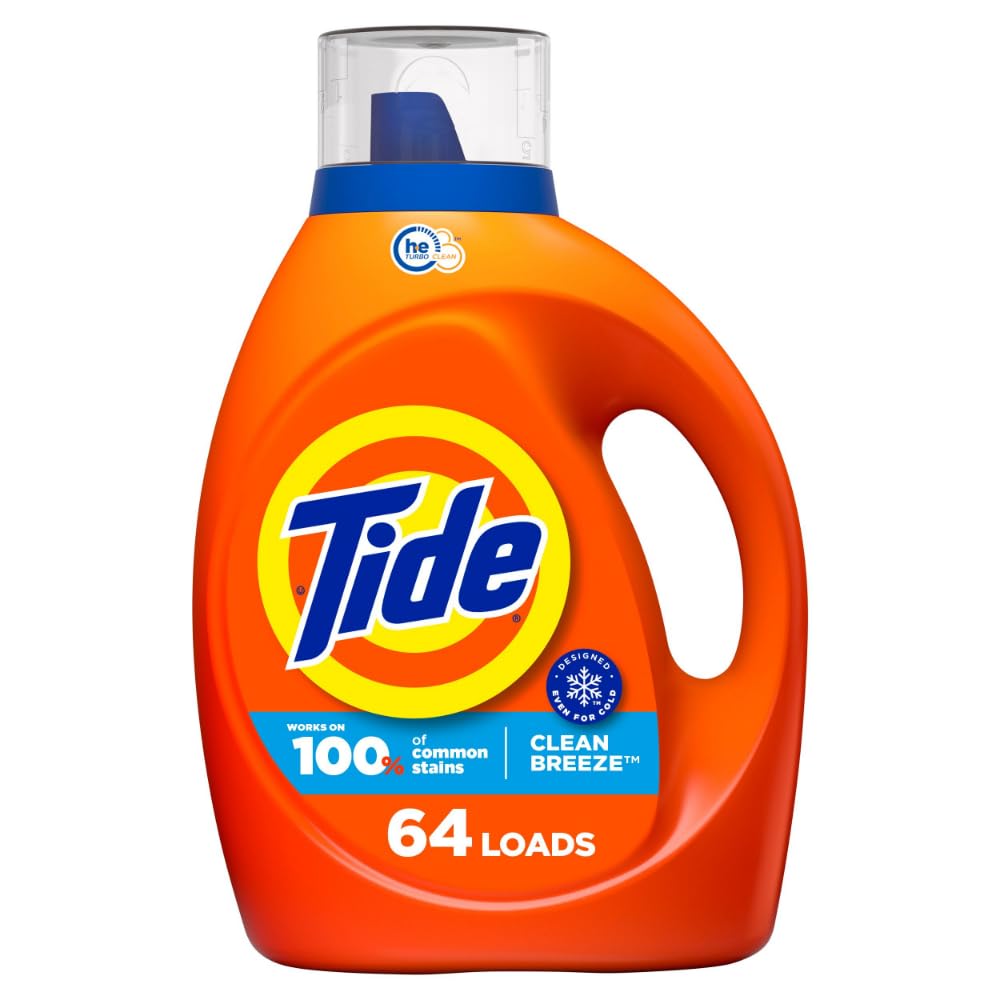 Tide Laundry Detergent Liquid, Clean Breeze Scent, 64 Loads, 80 fl oz, Works on 100% of Common Stains