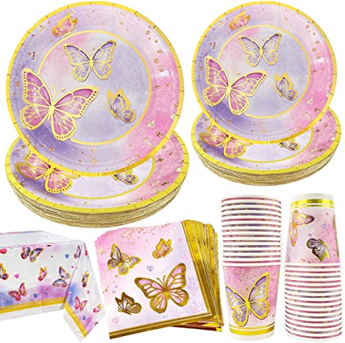 Butterfly Party Decorations ,121Pcs Butterfly Plates and Napkins Tableware Set for 30 Guests Birthday Party and Girl Baby Shower Butterfly Theme Party Decorations with Butterfly Tablecloth Plastic