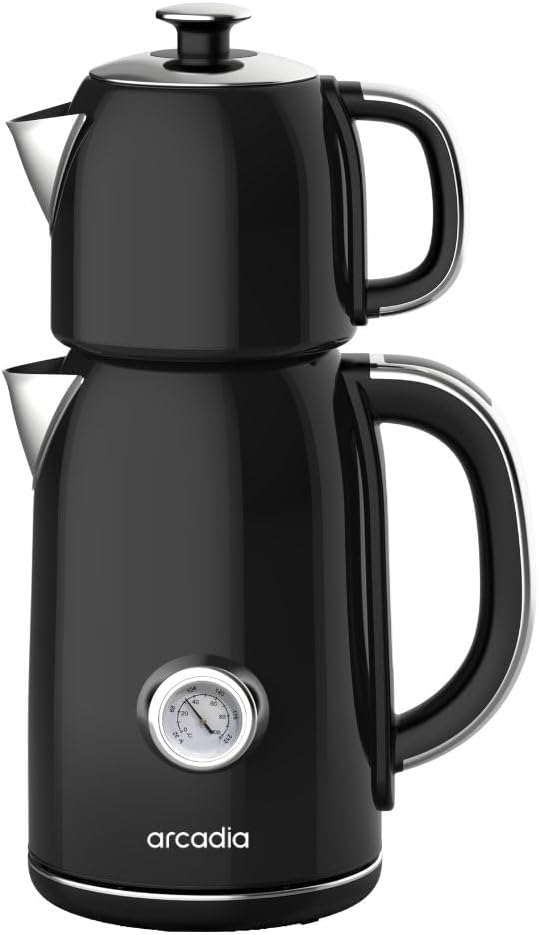 Arcadia Electric Turkish, Black and Herbal Tea Maker and Kettle, Stainless Steel, Temperature Control, LED and Dial Display, Auto Shut-off, Boil-Dry Protection, Black, 1.7L (1.5qt), 120V, 1500W