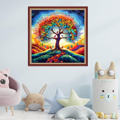 Image of Fanxvivy Stamped Cross Stitch Kits for Beginners Full Range of Cross Stitching Preprinted Embroidery Kits for Adults, 11CT Embroidery Pattern Needlepoint Kits-Tree of Life Bird 18x18 inch