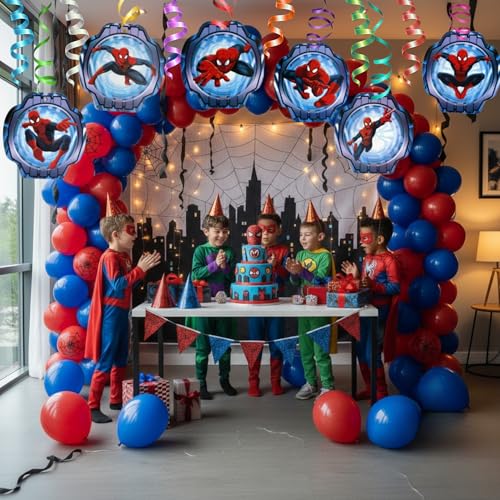 Image of WANNA PARTY Superhero Theme Hanging Swirl Decorations Pack of 12 with 6 Cutouts - Multicolor Ceiling Spiral Party Decor for Boys Birthday Decoration Items