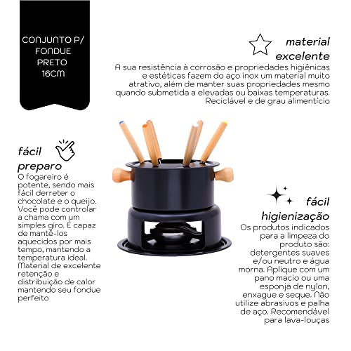 Mimo Style Conjunto Para Fondue 16cm na Cor Preta, Feito em Aço Inox e Madeira. Ideal Para Servir Fo