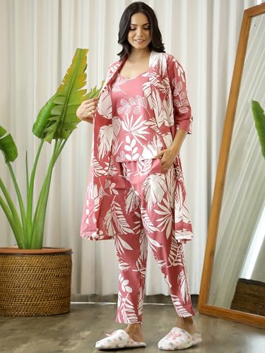 Image of Women's Printed Nightsuit Pajama with Top with Long Gown Lightweight Soft & Comfy Sleepwear for Girls & Women