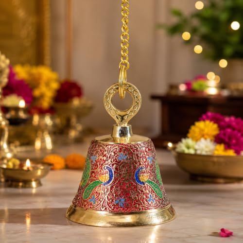 Image of CraftVatika Brass Wall Hanging Bell Ghanti for Pooja Decoration Mandir Home Temple, Pooja Decorative Items, Ghanti Bell with Deep Sound, Puja Bell with Chain and Hook (20 Inch Height)