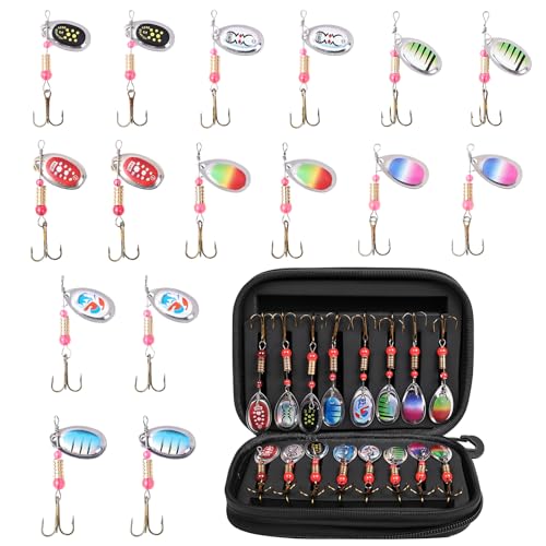 Vicloon Cebos de Cucharilla de Pesca, 16 Piezas Señuelos De Cucharilla de Pesca Spinner Cebo, Cucharas de Trucha Señuelos con Ganchos Agudos, Señuelos de Pesca con Bolsa, para Perca, Salmón, Lucio