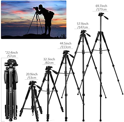 Zoegate Portable Tripod 70"/177Cm Travel Camera Tripod Outdoor Compact Aluminum Alloy Video Tripod Monopod With 3-Way Swivel Pan Tilt Head Cellphone Holder Smartphone Clip For Phone #TOP3