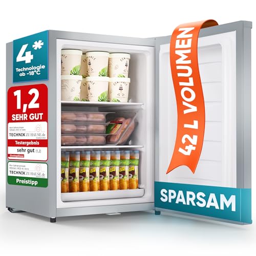 Stillstern Mini Gefrierschrank klein & leise 42L, Tiefkühltruhe mini Freezer -18°C mit Eiswürfelschale & Schloss, Türanschlag r./l., 4-Sterne Tiefkühlschrank klein Gefrierschränke Camping/Büro Silber