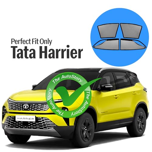 Image of AutoStory Magnetic Car Sunshade for Tata Harrier | Front Half Cut for Mirror Visibility + Rear Full Coverage with Zipper | Heavy Heat & UV Protection | Privacy Side Window Curtains Shades