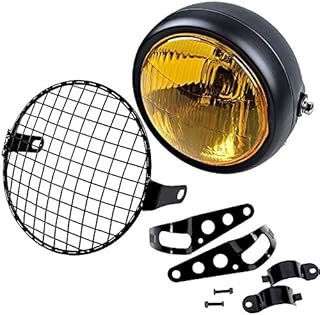 Mellisso Retro Vintage Motorcycle Universal Side Mount 35W 6.5 inch Amber Headlight Café Racer with Grille + Bracket Kit