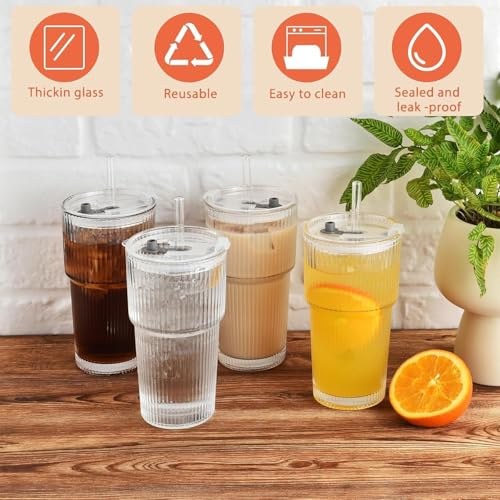 Image of COOLBIT 320ml Glass Sipper with Straw and Lid | Ribbed Glass Tumbler with Bamboo Lid | Reusable Drinking Glass for Coffee, Juice, Smoothie & Cold Drinks (600ml)