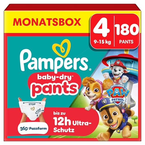 Pampers Baby-Dry Pants Paw Patrol Edition Größe 4, 180 Windeln, 9kg-15kg, 360° Passform hilft, Auslaufen zu verhindern – Ansicht 1