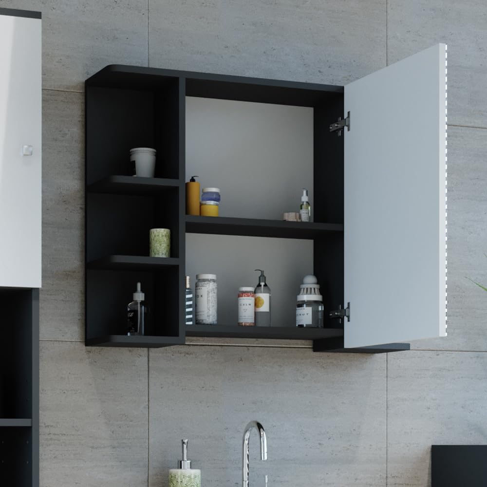 Vicco Armario con Espejo para baño Fynn, Antracita, 79.6 x 64 cm | con espejo y estantes abiertos para montaje en pared