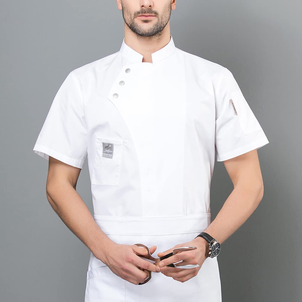 Chaqueta de chef, delantal de cocina, tres botones con bolsillos delanteros, ropa de verano, suministros de cocina para parrilla, restaurante, azul, XL