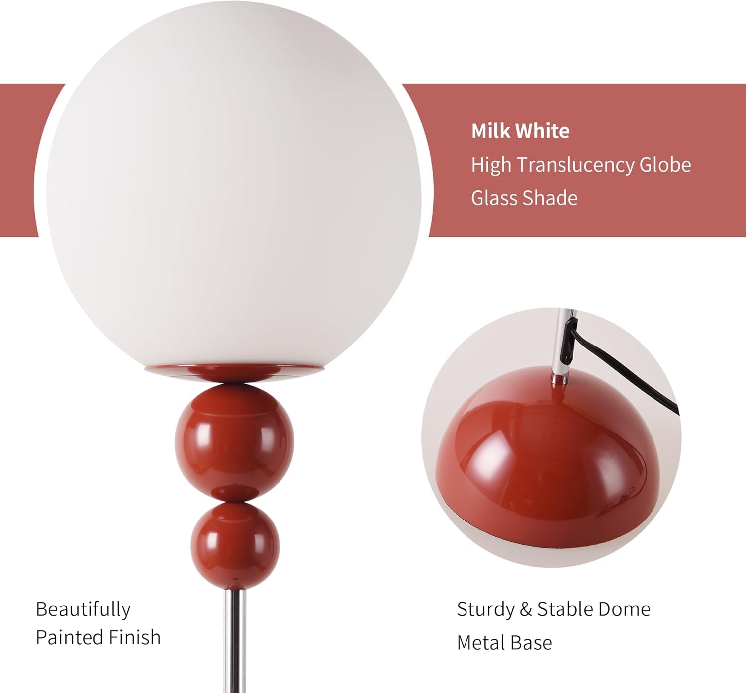 Alpinaluz Lampa Stojąca Czerwona E27 Kula Opalowa D24 cm Chrom Mid Century