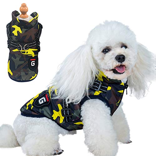 ICOUCHI 犬服 冬 ペット服 犬洋服 ペット冬服 アウター ダウン ベスト コート ハーネス一体化 裏起毛 防寒 小型犬 中型犬 猫用洋服 ジッパー式 軽量 お散歩 迷彩柄 反射可能 … (XL, イエロー)