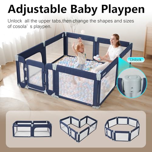 Image of Large Baby Playpen for Babies and Toddlers 79x71 Inch, Adjustable Foldable Indoor & Outdoor Play Pen for Toddlers Twins Baby Fence Play Yards with Breathable Mesh Anti-Fall Playpen,Blue