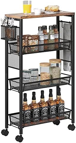 YITAHOME Kitchen Cart with Wheels, 4-Tier Slim Storage Cart, Mobile Utility Cart with Wooden Tabletop and Mesh Baskets, 19.2''x 7.3''x 34.3'', Rolling Cart for Kitchen, Bathroom, Laundry Room