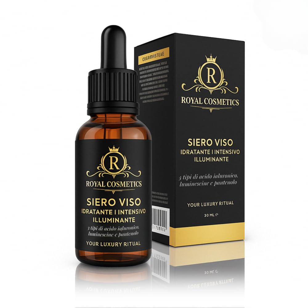 Siero Acido Ialuronico Viso Antirughe con Pantenolo 4 in 1 – Siero Rimpolpante Idratante per Pelle Secca e Spenta – Effetto Lifting Naturale – 30 ml – Royal Cosmetics