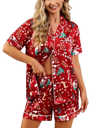 Image of SWOMOG Womens Silk Satin Pajamas Set Short Sleeve Sleepwear Button Down Top and Shorts Loungewear 2 Piece Pjs Set XS-3XL