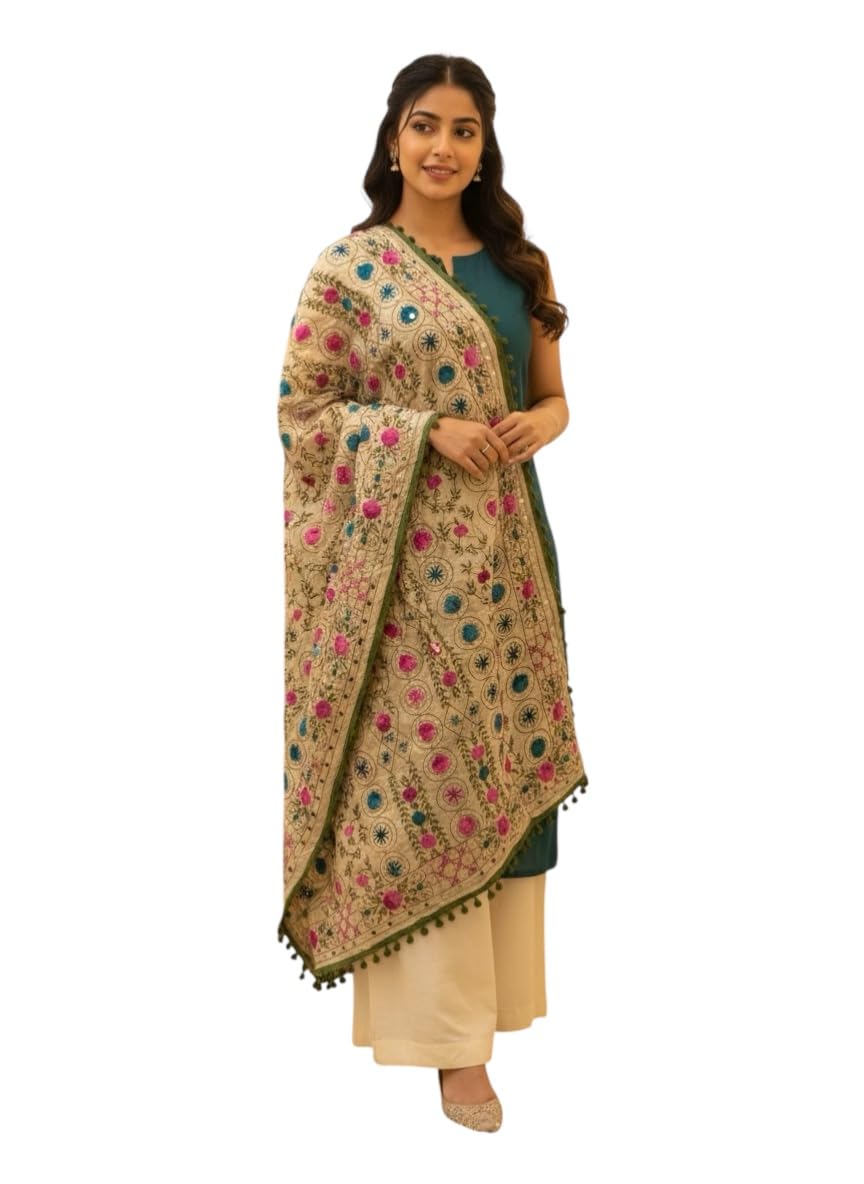 choice own first' new hand worked phulkari for womens dupatta dark pink kantha work (green)