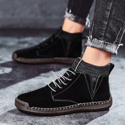 Mens Suede Leather Lace Up Ankle Chukka Boots with Elastic Band Casual Mid Top Retro Round Toe Slip On Platform Deck Boots (Green,12)4