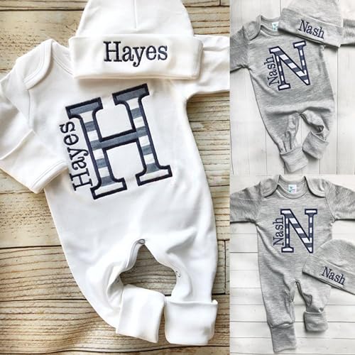 Personalized Baby Coming Home Outfit, Custom Embroidered Name Romper & Gown Set, Long Sleeve Sleepwear, New Baby Gift3