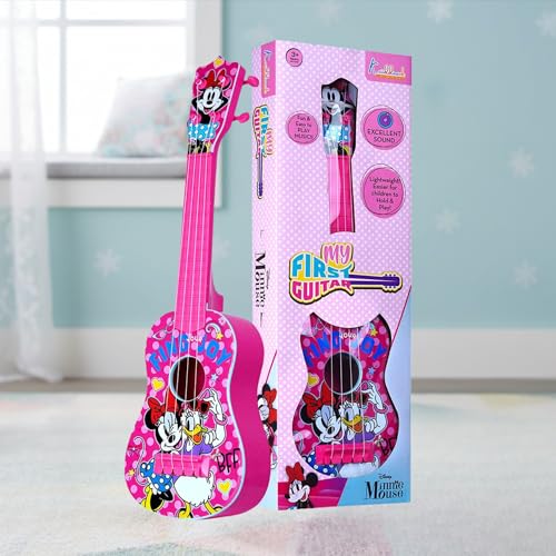 Image of Minnie Guitar (Big) - 4-String Musical Toy for Kids with Adjustable Tension, Fingerstyle Tab & Pick - Portable Pink Guitar for Girls 3+ Years - Fun Educational Disney Themed Birthday Gift
