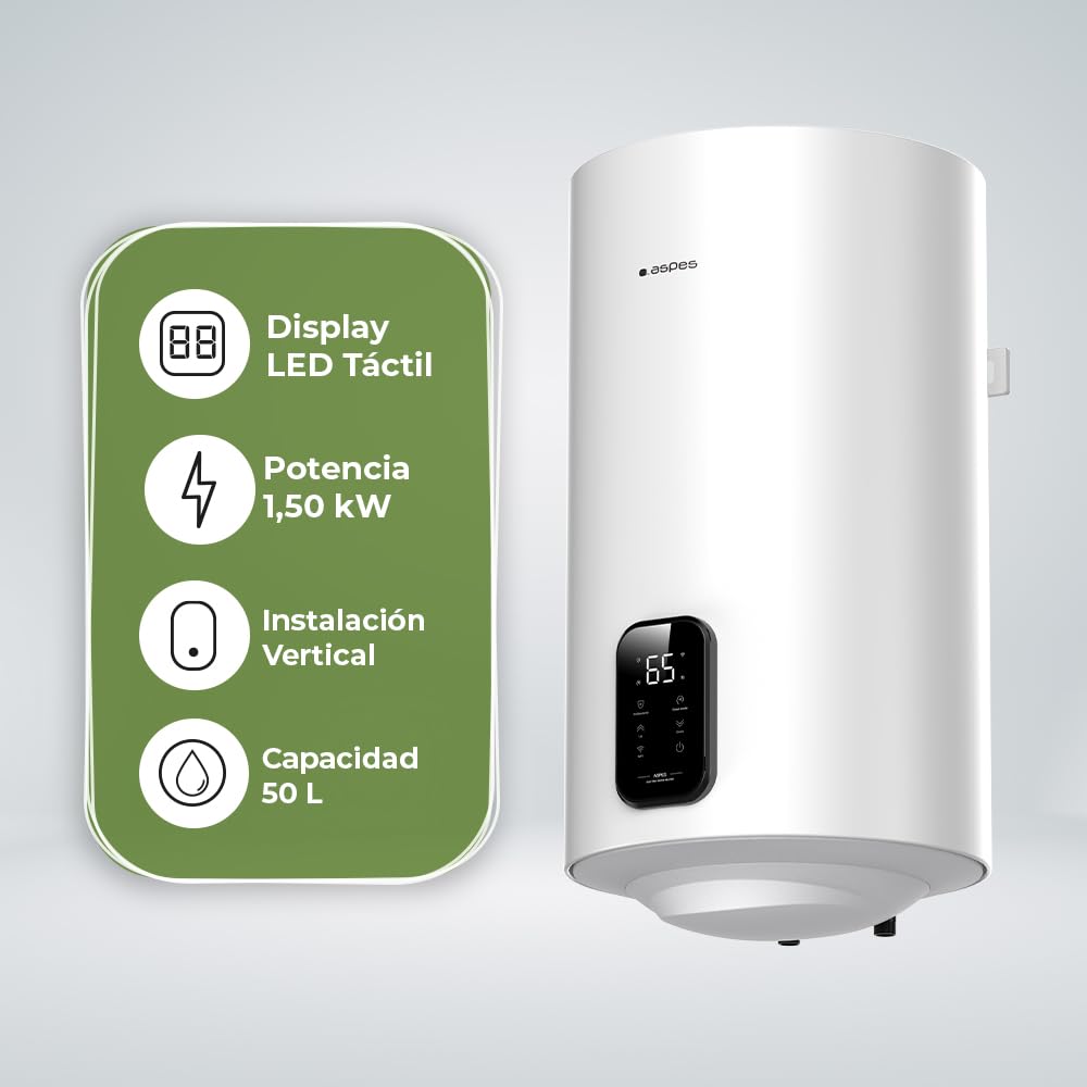 Aspes Termo Eléctrico 50 Litros, AT5000SDW. 1500W, Kit de Montaje Incluido, Resistencia de Acero Esmaltado, Termostato Digital, Temperatura Máx 93 º, Blanco, Eficiencia Energética B