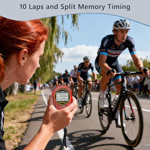 Image of Stopwatch Timer 10 Splits /Laps Digital Stop Watch for Sports, Countdown Alarm Clock Date Memory Recall Large Display, Stopwatch for Coaches PE-Teacher Referee (red, 10 Splits /laps)