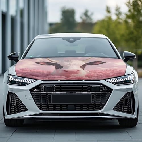 Image of Pink Flower Cow Print Car Hood Cover, Stretch Fabric Car Hood Protector Washable Universal Auto Exterior Accessorie for Sedans SUV Pickup Trucks Van