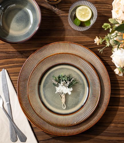 Image of TheTerra Stoneware Dinnerware Sets for 4, 12 Pieces Ceramic Plates and Bowls Sets, Scratch Resistant Embossed Dish Set, Oven, Microwave & Dishwasher Safe, Coca Mocha