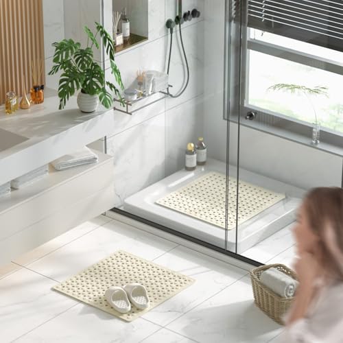 Image of HITSLAM Shower Mat Anti Slip, Square Bath Mat for Tub Non Slip with Suction Cups and Drain Holes, 21x21 Inch Bathroom Shower Stall Floor Mat, Machine Washable, Soft on Feet, Sand
