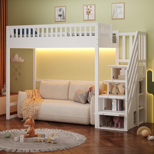 Merax Hochbett 90x200 cm, Kinderbett mit wendbare Leiter, Schutzgeländer, Stauraumtreppe, LED-Beleuchtung, Massivholzrahmen, multifunktionales Jugendbett, weiß (ohne Matratze)