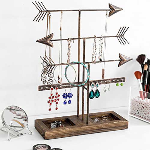 Mygift 3 Tier Rustic Bronze Metal Arrows Design Jewelry, Earring Holder And Necklace Organizer Tower Rack With Burnt Wood Ring Dish Tray #TOP1