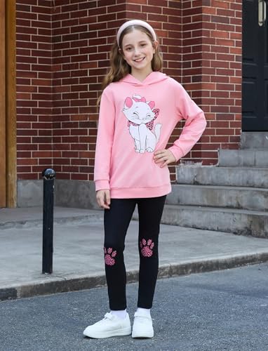 Image of PATPAT Girls 2 Piece Outfits Size 10-11 Years Pink Cat Print Hoodies and Black Leggings Clothing Sets Preppy Clothes For Girls Oversized Hoodie Sweat Set Sweatshirt Pant Sets