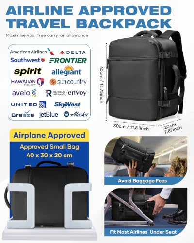 Image of suradar Travel Backpack for Women Men,Carry On Backpack Flight Approved Personal Item Travel Bag Laptop Backpack Waterproof Weekender Essentials Hiking Rucksack Casual Daypack Black