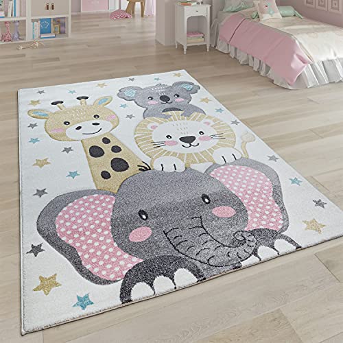 Paco Home Kids Rug for Nursery Happy Elephant, Giraffe & Lion in Pastel Cream, Size: 2'8