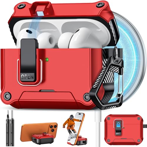 Image of Pohgelan for AirPods Pro 3 Case with Safety Lock-Red | Magnetic Automatic Lock with Cleaning Kit&Keychain,Compatible with Magsafe