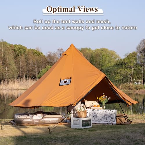 Image of TOMOUNT TOMOUNT Canvas Bell Tent with Stove Jack, 4-6 Person Use with 360 Ventilated Mesh, Dia13.1FT for Family Camping Glamping Yurt Tent 4 Seasons