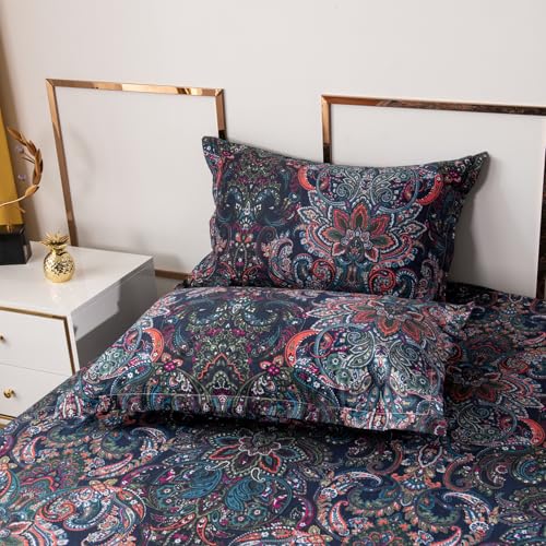 VM VOUGEMARKET Retro Paisley Duvet Cover Queen Size Boho Damask Duvet Cover Sets 100% Brushed Cotton Bedding Set,1 Duvet Cover and 2 Pillow Shams for All Seasons-Stormy Blue