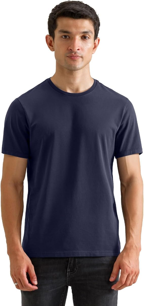 Mens Dark Navy Premium Cotton Stretch T-Shirt, Smart Fit, Crew Neck, Half Sleeves, Anti-Pilling, Soft and Breathable Casual Essential Tee (UK, Alpha, L, Regular, Regular, Dark Navy)