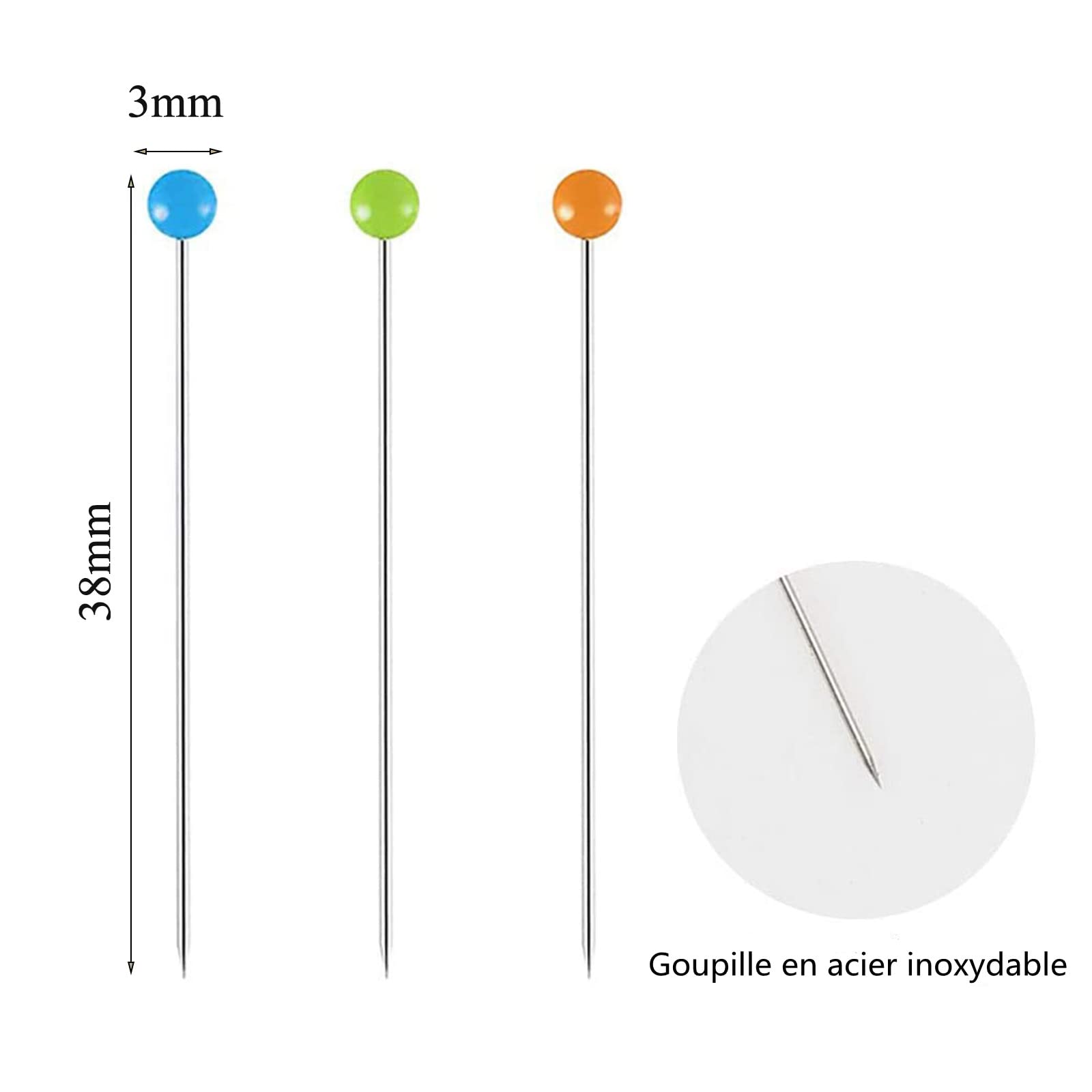 300 Épingles De Couture En Verre Coloré - 38 Mm Pour Mercerie Et Artisanat