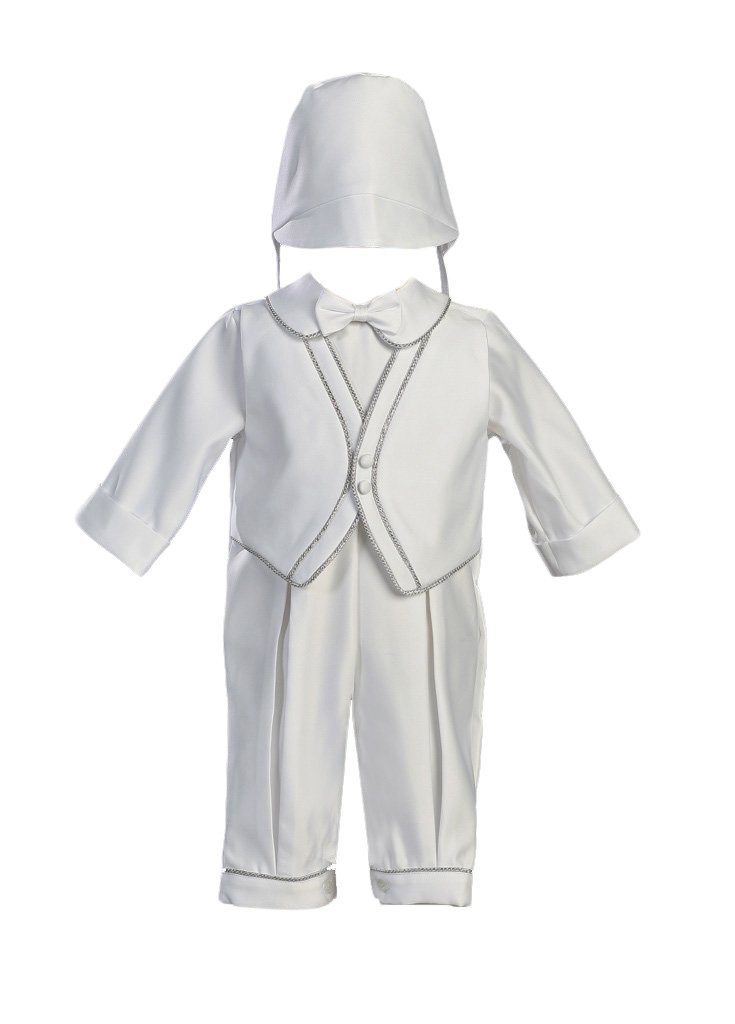 White Satin Christening Baptism Romper Set Accented with Silver Trim and Hat