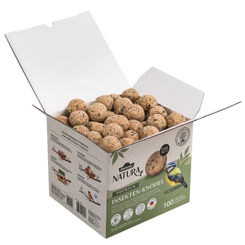 Dehner Natura Premium Meisenknödel ohne Netz, Insektenknödel, ganzjähriges Wildvogelfutter proteinreich / energiereich, 100 Stück je 90 g (9 kg), Karton aus FSC-zertifizierter Produktion