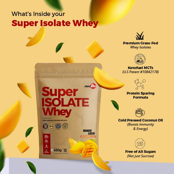 Image of Neulife Super Isolate Whey Protein (900 g 450x2) | Max Absorption Protein Shake with Patented Ketofuel MCTs | Mango Lassi with Real Fruit