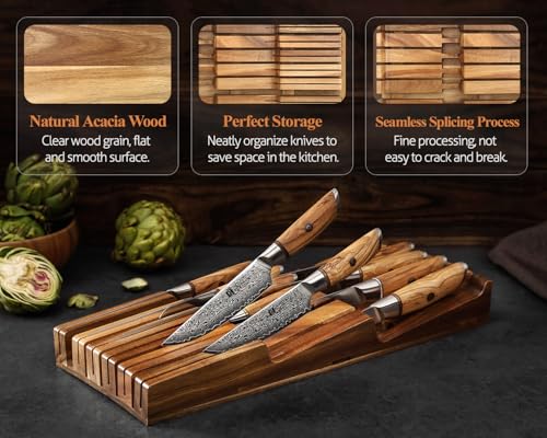 XINZUO Cassetto Blocco di Coltelli da Cucina in Legno di Acacia -43,6x18,4x5,3cm Ceppo Portacoltelli Universale per Cassetto (Senza Coltelli) -4 Coltelli Lunghi+6 Corti+1 Acciarino per Affilare - immagine 3