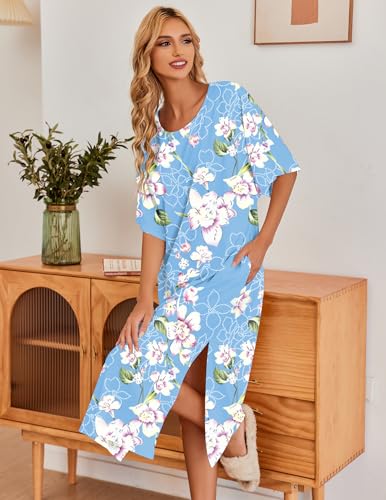 Image of Ekouaer Women's Nightgown Short Sleeve Sleepshirt Long Loungewear Casual Maxi Lounge Dress House Dresses with Pockets