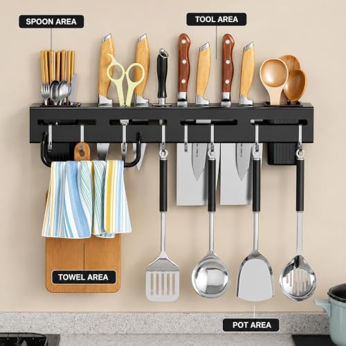 Image of ORBICA Metal Wall Mounted Kitchen Organizer with Knife Holder, Spoon & Cutlery Stand, Utensil Holder with Hooks, Multifunctional Kitchen Storage Rack for Home & Kitchen Accessories (Black)