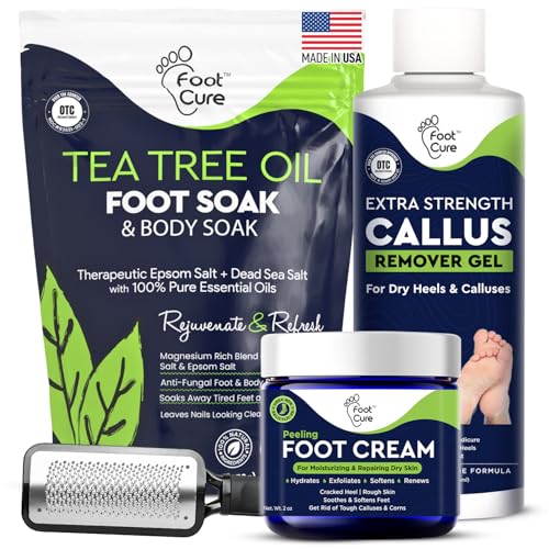 FOOT CURE Exfoliator & Callus Remover Pedicure Set – Care Kit Includes File for Dead Skin, Tea Tree Oil Soak Salts, Urea Cream 40 Percent Removal Gel Made in USA, Ivory, 4 Piece