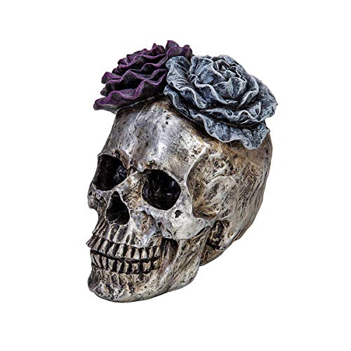 Wenyle Halloween Skull Statues Home Decor Day Of Dead Purple Grey Rose Silver Skull Resin Figurine Flower Skull Decor 7.25" L #TOP8